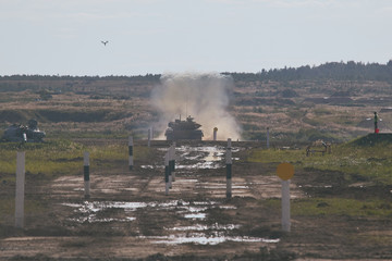 Modern tank at the tank biathlon competition in Alabino near Moscow during the Army-2020 forum