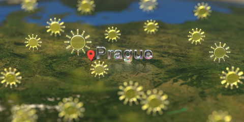 Sunny weather icons near Prague city on the map, weather forecast related 3D rendering