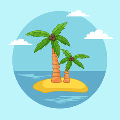 Palm trees with coconut on the sand island flat vector. Coconut tree with nuts waterscape with blue sea and clear sky. Tropical climate plant, a symbol of warmth and vacation in a paradise place