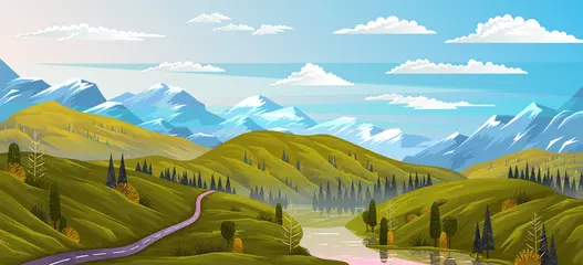 Deurstickers Natural landscape background with mountains, clear sky and clouds, the river flows along the winding road. A mountain river descends from the peaks and flows through a rocky valley. Beautiful nature © robu_s