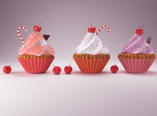 Cupcake with a red cheery realistic 3D rendering for banner and advertising.