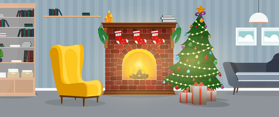 New Year. A room with a fireplace, a Christmas tree and gifts. Vector.