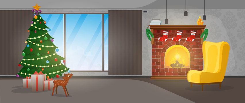 New Year. A room with a large window, fireplace, Christmas tree and gifts. Vector.