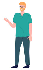 Doctor medical worker in uniform green suit on white background. Vector lllustration young handsome bearded man in glasses in a flat style. Physician male smiling character stands at full height
