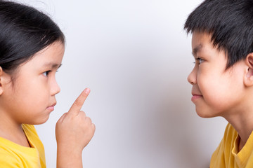 positive emotion of children, happiness, smiling, laughing, enjoy on white background. lovely relationship of brother and sister. portrait of children's feeling