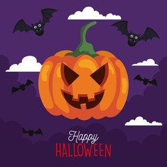 banner of happy halloween and pumpkin with bats flying vector illustration design