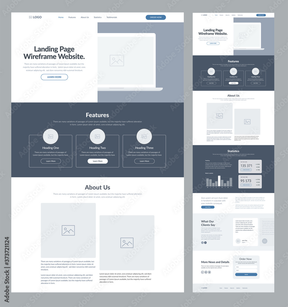 Sticker landing page wireframe site design for business. one page web site layout template. modern responsiv