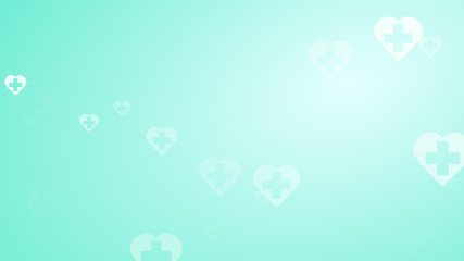 Medical health green blue cross on hearts pattern background. Abstract healthcare technology and science concept.