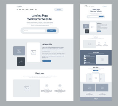 Landing page wireframe site design for business. One page web site layout template. Modern responsive design. UX UI website: home, about us, features, advantages and best offer, 