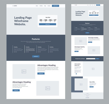 Website landing page wireframe design for business. One page site layout template. Modern flat UX/UI site development. Responsive cool website design concept.