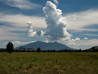 A summer thunderstorm building over a distant mountain range