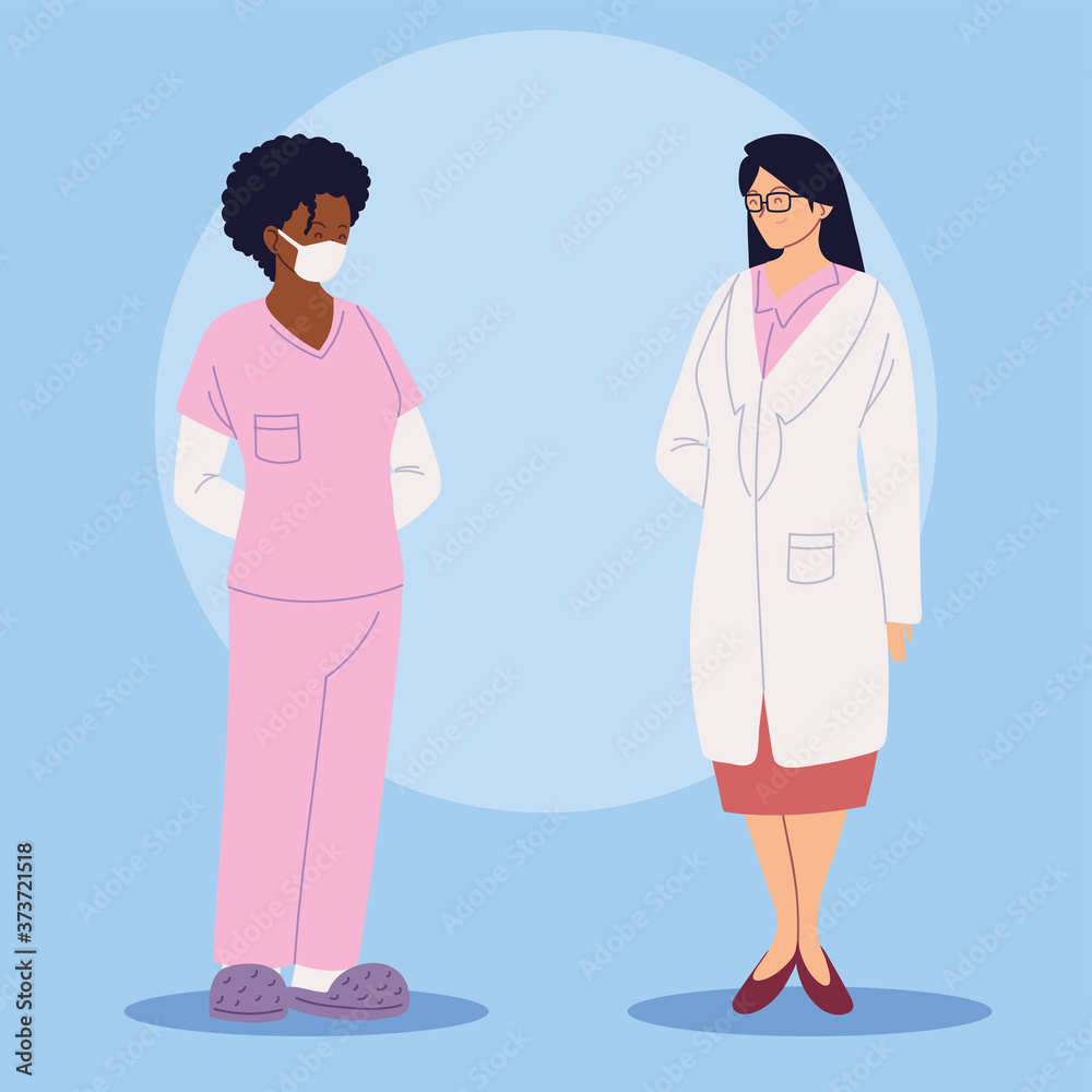 Poster healthcare workers, female doctor and nurse