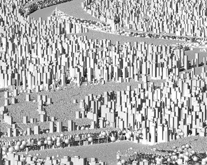 3d render of abstract art of scatter 3d landscape background with surreal urban city or part of down town with lakes and skyscrapers based on small and big white cubes balls and tubes particles 