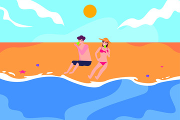 Beach vacation date vector concept: couple eating popsicles happily at the beach