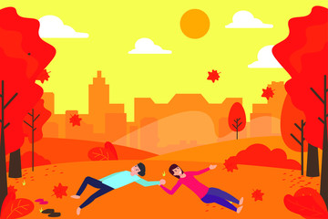Autumn romance vector concept: Happy couple holding hands while lying on the autumn park