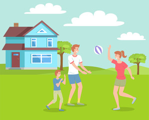 Obraz na płótnie Canvas Family active holidays happy parents with cheerful kid playing ball at summer in front of the house, outdoors activities cartoon illustration. People jump and play toy ball outside on the green grass