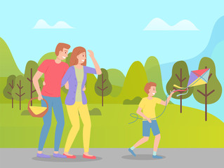 Family weekend with parents and child walking in the park cartoon vector illustration. Fun family walking, rest at nature on the vacation. Dad carries a basket of picnic products, boy launches a kite