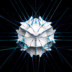 3d render of abstract art with surreal alien futuristic fractal sci fi flower based on triangle pattern in spherical shape in white plastic with long spikes in glass material in blue color on black 