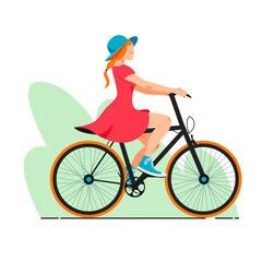 Isolated on white cute girl ridding on bicycle vector illustration. Modern activity design element. Urban vehicle in flat cartoon style.