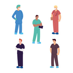 set of healthcare workers, male doctors and nurses