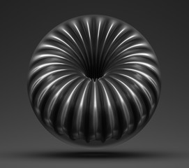 3d render with abstract black and white monochrome surreal industrial 3d ball with funnel hole in the centre with lines cubical fractal pattern on surface in matte aluminum metal  on dark grey back