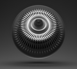3d render with abstract black and white monochrome surreal industrial 3d ball with turbine jet engine detail in fractal pattern in matte aluminum metal  on dark grey background