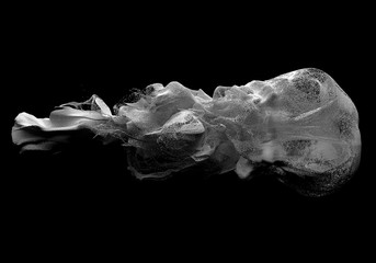 3d render of abstract black and white monochrome art with surreal growing explosion smoke cloud splash fluid based on small white foam balls particles in movement on isolated black background