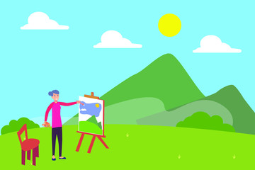 Happy lifestyle vector concept: old woman painting the landscape of hills and mountain happily
