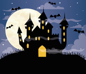 happy halloween background with castle haunted, bats flying and full moon vector illustration design