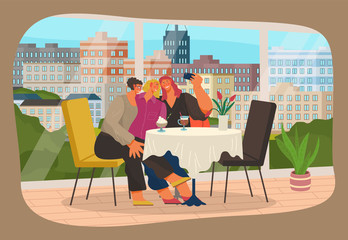 Girls friends taking selfie photo on smartphone, serfing internet while sitting in cafe or restaurant. Young woman girlfriends making video for social media using modern gadget vector illustration
