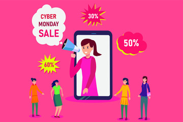 Cyber Monday online sale vector concept: portrait of woman announcing Cyber Monday sale to the female crowd from the big mobile phone screen