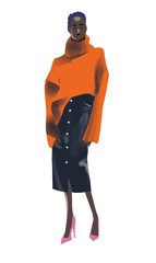 Fashion model posing in studio wearing jeans skirt and a sweater.