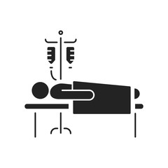 Man in hospital ward with dropper black glyph icon. Postoperative therapy. Isolated vector element. Outline pictogram for web page, mobile app, promo.
