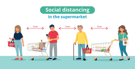 Social distance in supermarket, people in line with shopping carts. Coronavirus prevention measures. illustration in flat style