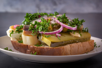 Sandwich with herring fillets, onions, pickled cucumber, egg and herbs on a white plate on a dark table. Traditional Scandinavian street food. Close-up