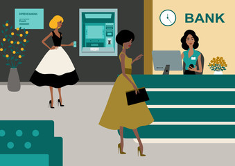 Two Girls are in the Bank Accounting Social Distance  Flat Illustration