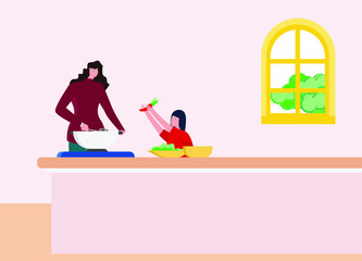 Motherhood vector concept: mother and daughter cooking together  at the kitchen
