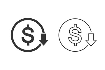 Cost reduction icon set. Dollar Down Icon vector