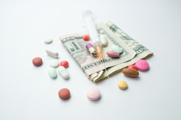 Healthcare cost concept with us dollar, syringe and pills 