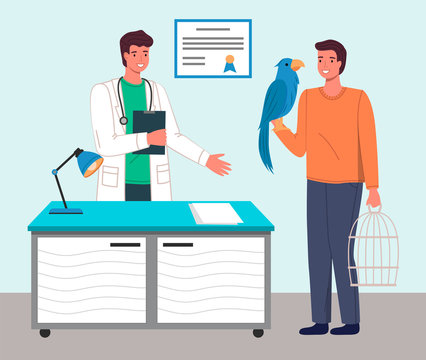 Veterinary care. Veterinarian doctor talking to man with parrot in medical office. Person brought a bird in a cage for treatment to a medic. Visit to the vet clinic to check the health of the animal