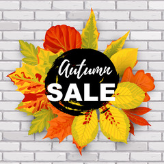 Autumn sale flyer template. Bright fall leaves on a background of a brick wall. Poster, card, label, banner design. Vector illustration.