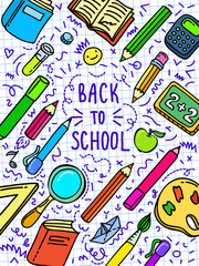Concept of education. School background with hand drawn school supplies