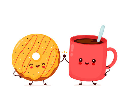 Cute happy donut and coffee mug character
