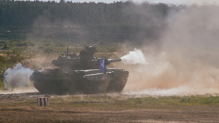 Modern tank at the tank biathlon competition in Alabino near Moscow during the Army-2020 forum