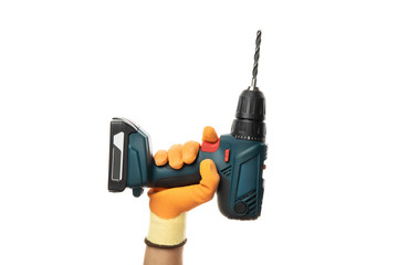 Male hand holds cordless drill, isolated on white background