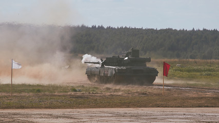 Modern tank at the tank biathlon competition in Alabino near Moscow during the Army-2020 forum