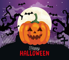 happy halloween background with pumpkin, dry trees, bats flying and full moon vector illustration design