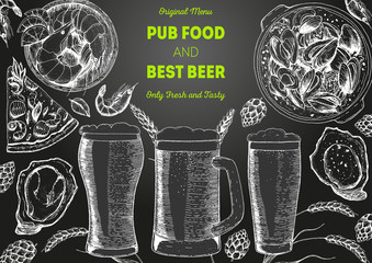 Pub food frame vector illustration. Beer, shrimps, mussels, oysters and pizza hand drawn. Food set for pub design top view. Vintage engraved illustration for beer restaurant.