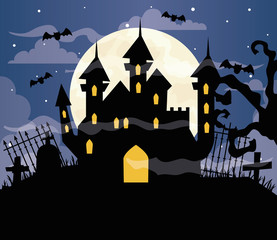 happy halloween background with castle haunted on cemetery scene vector illustration design