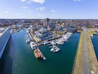 Aerial view of Salem historic city center and Pickering Wharf Marina in city of Salem,...